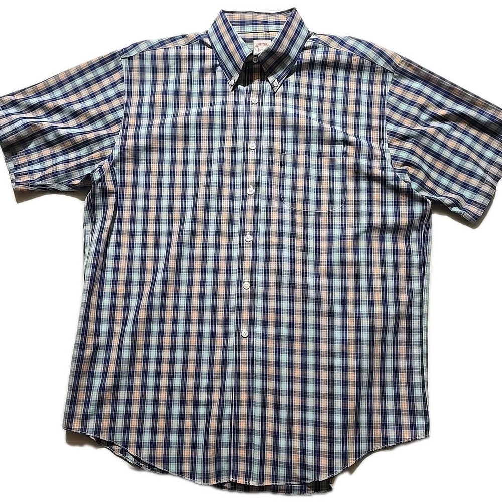 Brooks Brothers Shirt Mens Large Polo Orange Blue Plaid Button Down Short Sleeve